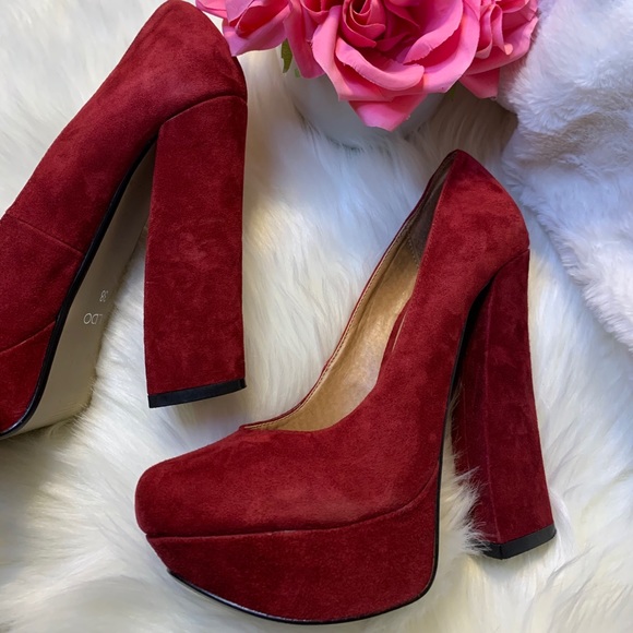 Aldo Burgundy Suede Platform Chunky Heels Pump - Picture 10 of 16